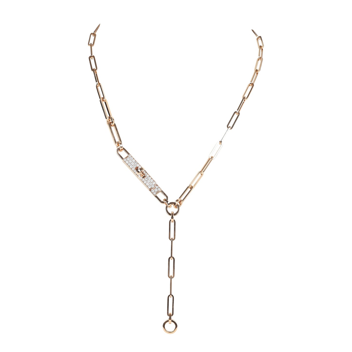 Hermes Kelly Chaine Lariat Necklace PM Diamonds 18K Rose Gold Hardware