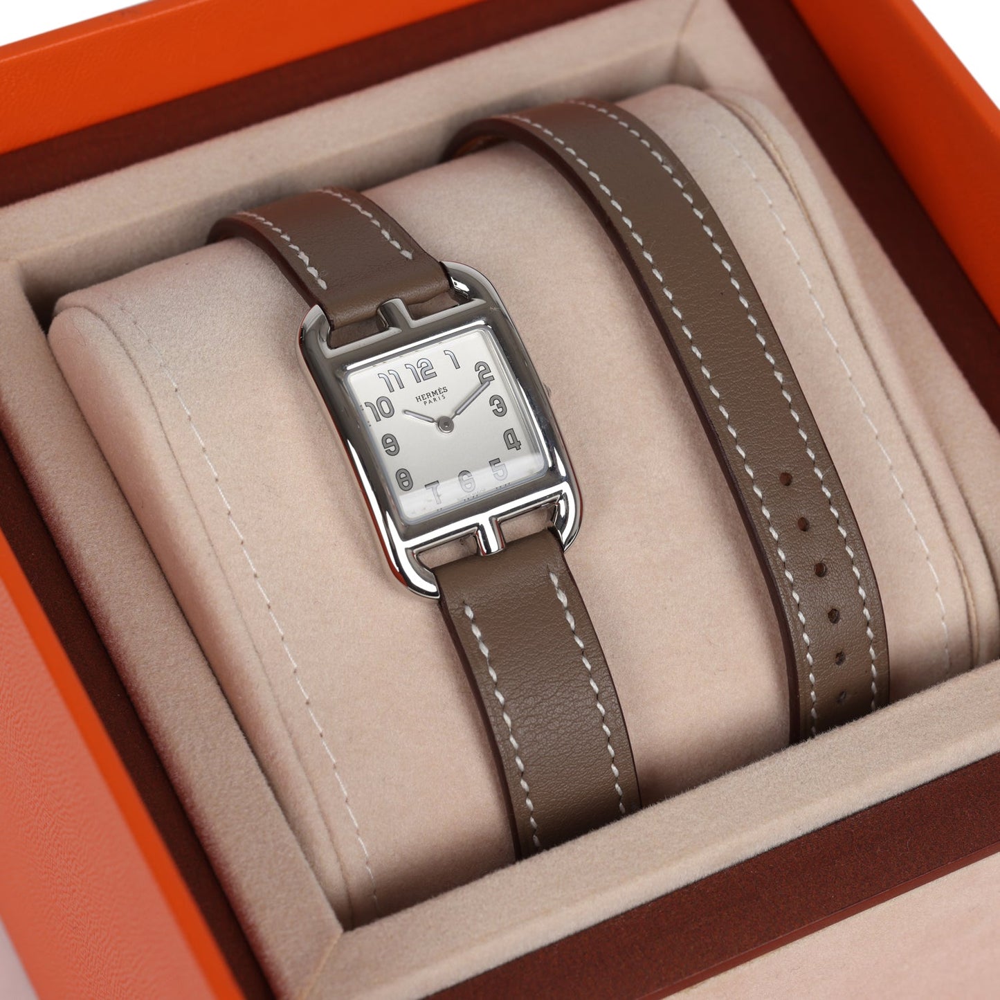 Hermes Small Cape Cod Double Tour Watch Etoupe Swift Palladium Hardware