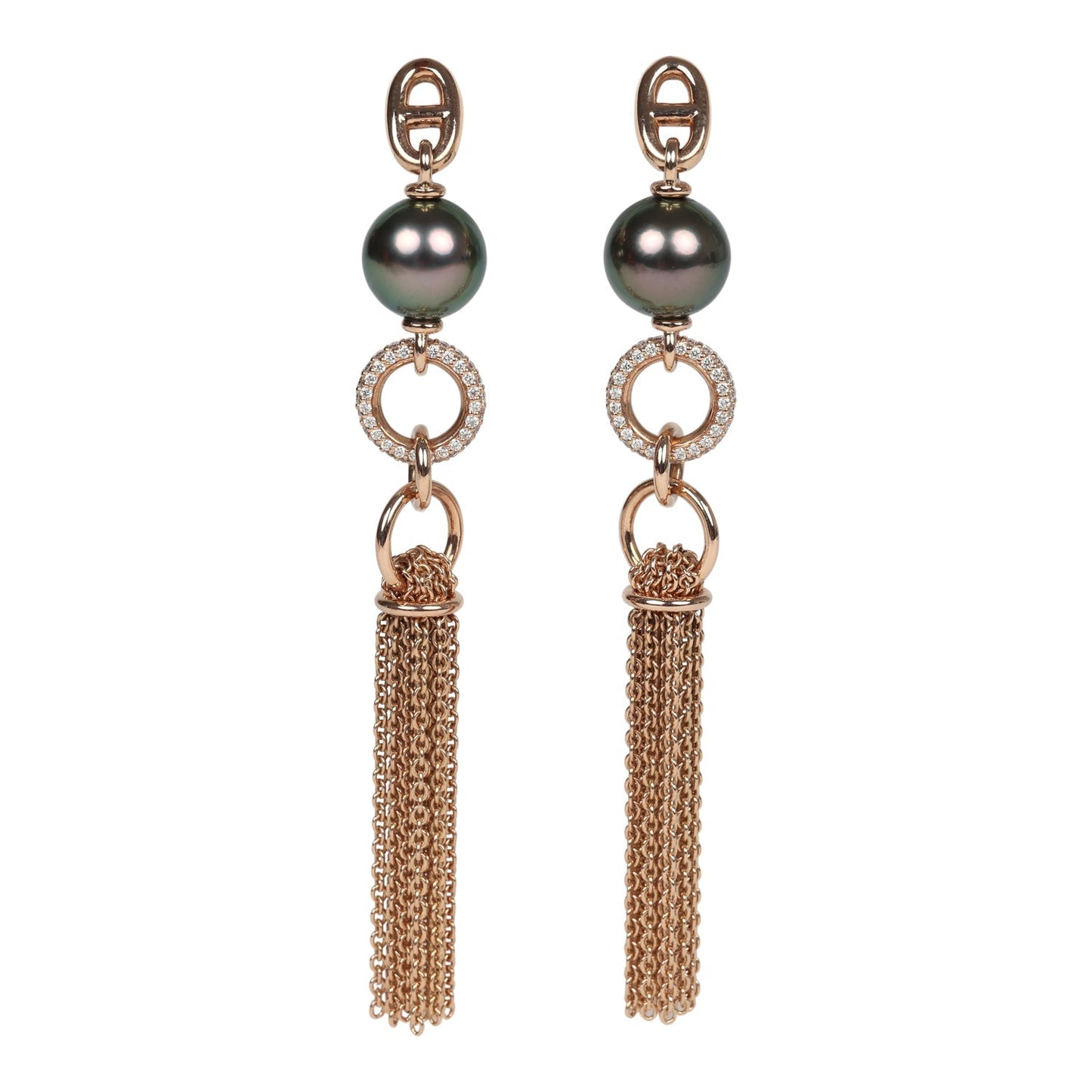 Hermes Tassel Earrings Chaine d'Ancre Black Pearl and Diamond Gold Hardware