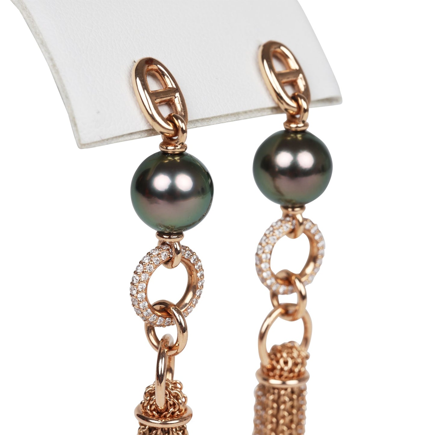 Hermes Tassel Earrings Chaine d'Ancre Black Pearl and Diamond Gold Hardware