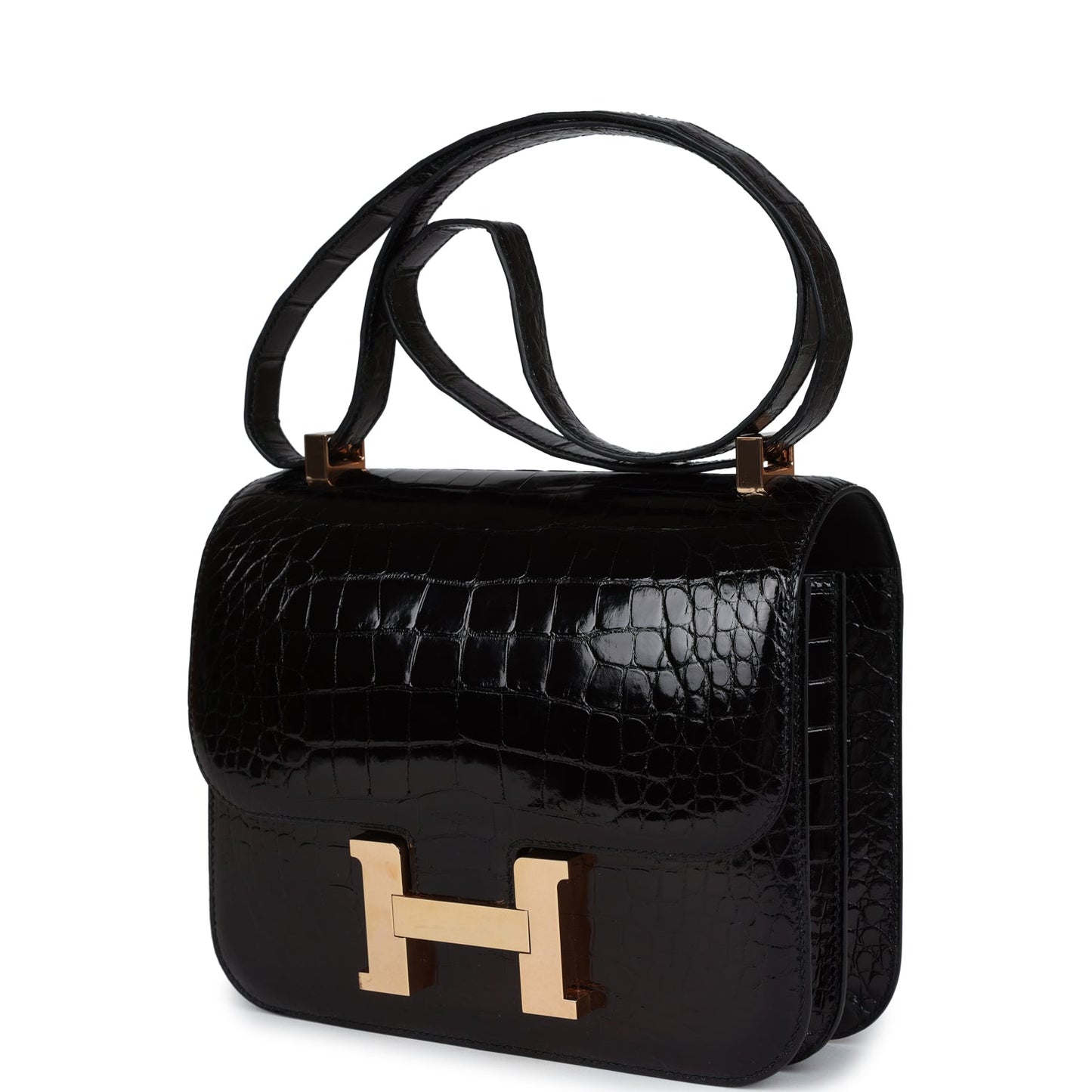 Pre-owned Hermes Constance 24 Black Shiny Alligator Rose Gold Hardware