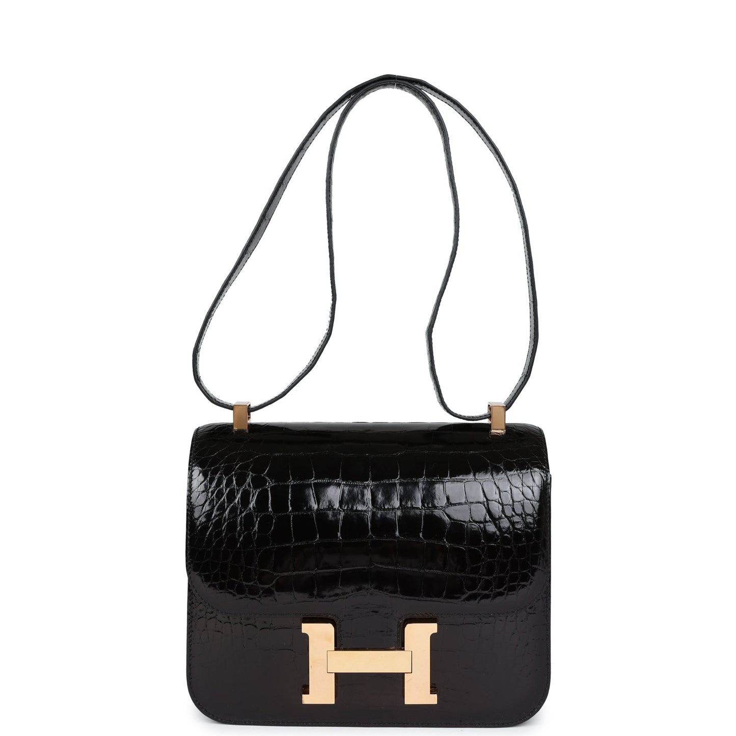 Pre-owned Hermes Constance 24 Black Shiny Alligator Rose Gold Hardware