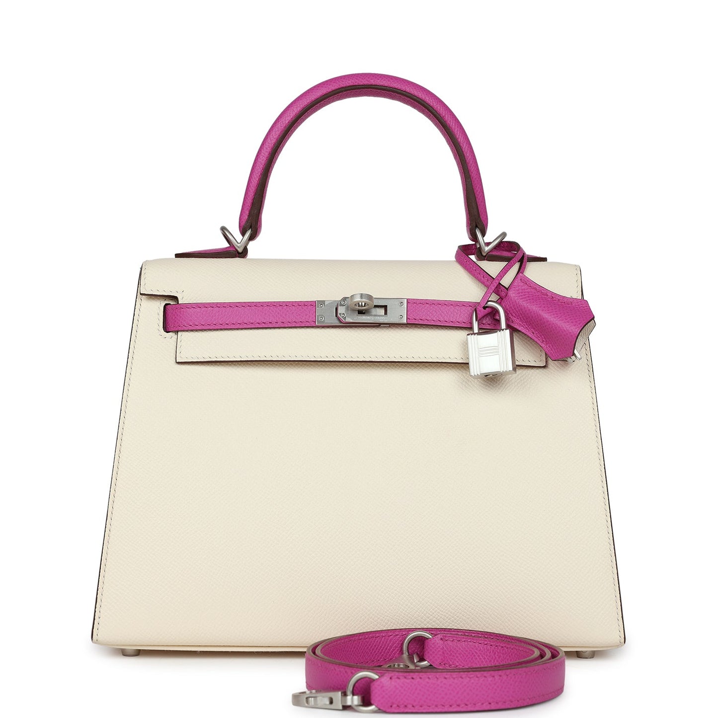 Pre-owned Hermes Special Order (HSS) Kelly Sellier 25 Nata and Rose Pourpre Epsom Brushed Palladium Hardware