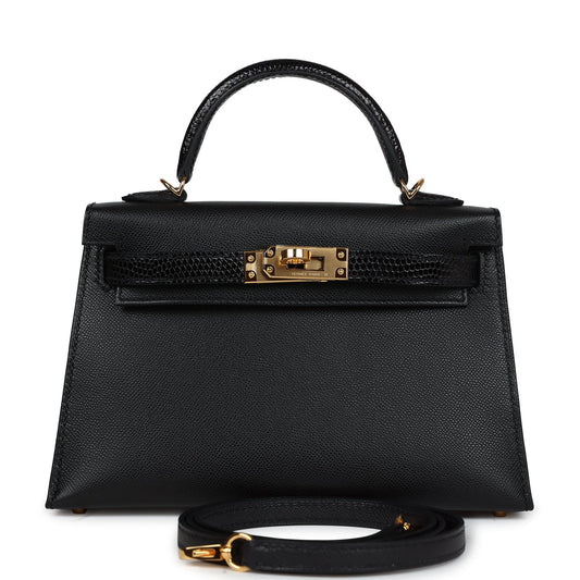 Hermes Kelly Sellier 20 Black Madame and Lizard Touch Gold Hardware