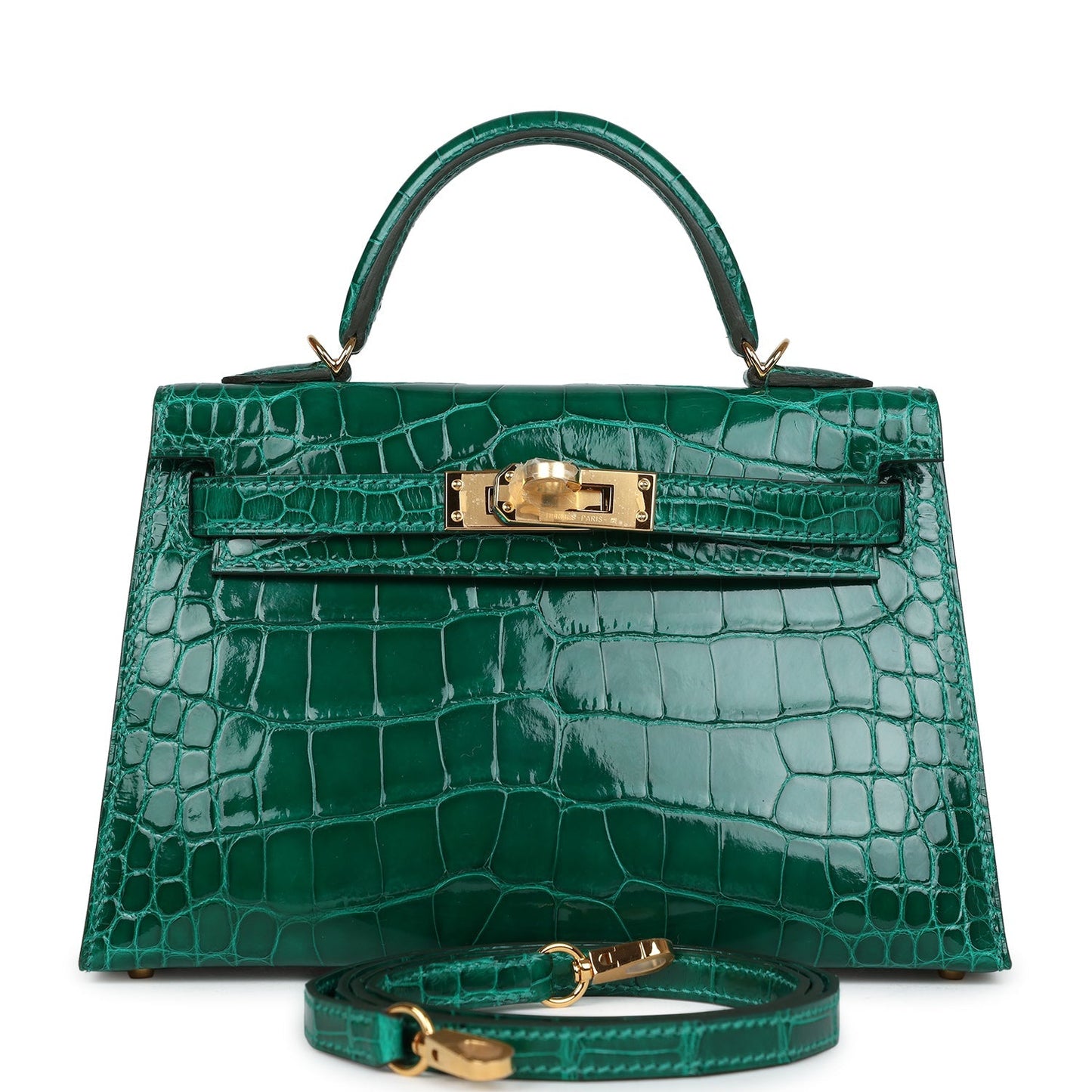 Hermes Kelly Sellier 20 Emerald Shiny Alligator Gold Hardware