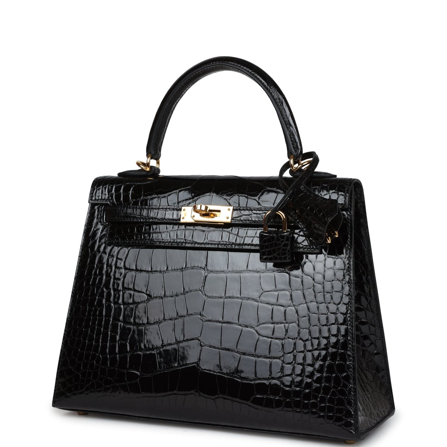 Hermes Kelly Sellier 25 Black Shiny Alligator Gold Hardware