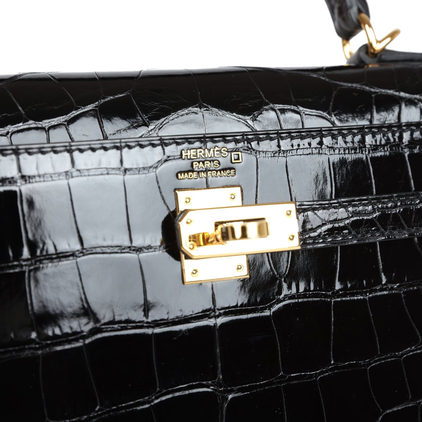 Hermes Kelly Sellier 25 Black Shiny Alligator Gold Hardware