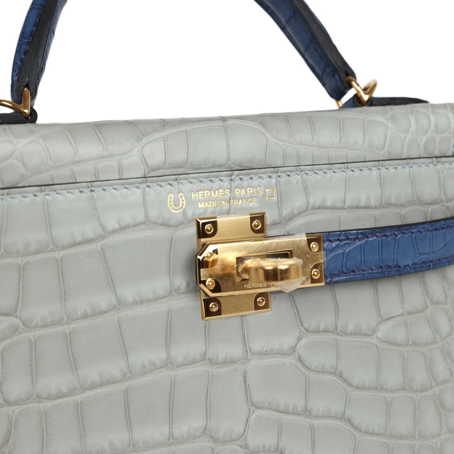 Hermes Special Order (HSS) Kelly Sellier 20 Gris Perle and Bleu de Malte Matte Alligator Gold Hardware