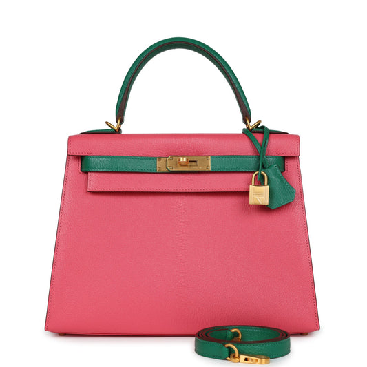 Hermes Special Order (HSS) Kelly Sellier 28 Rose Lipstick and Vert Vertigo Chevre Brushed Gold Hardware