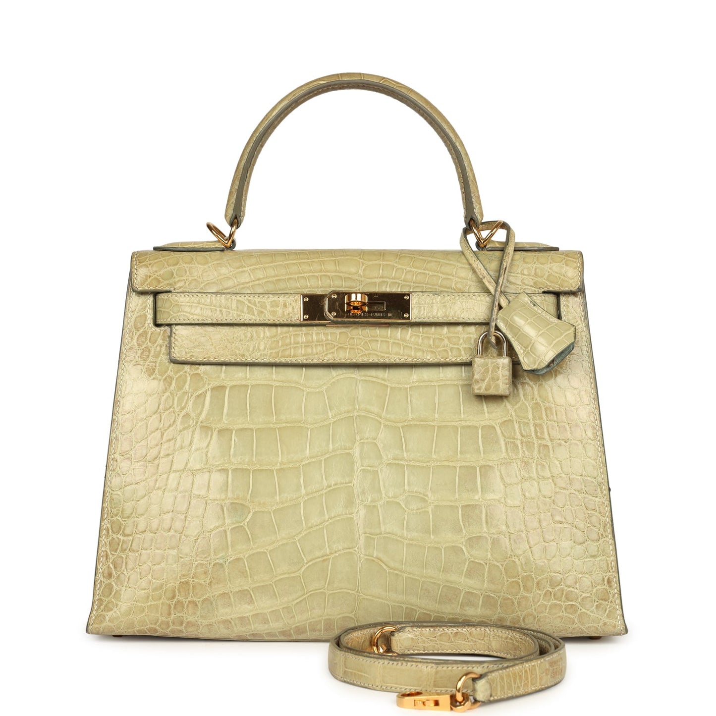 Vintage Hermes Kelly 28 Vert Celadon Natura Shiny Alligator Gold Hardware