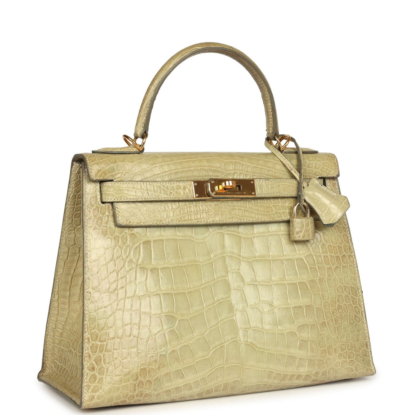 Vintage Hermes Kelly 28 Vert Celadon Natura Shiny Alligator Gold Hardware