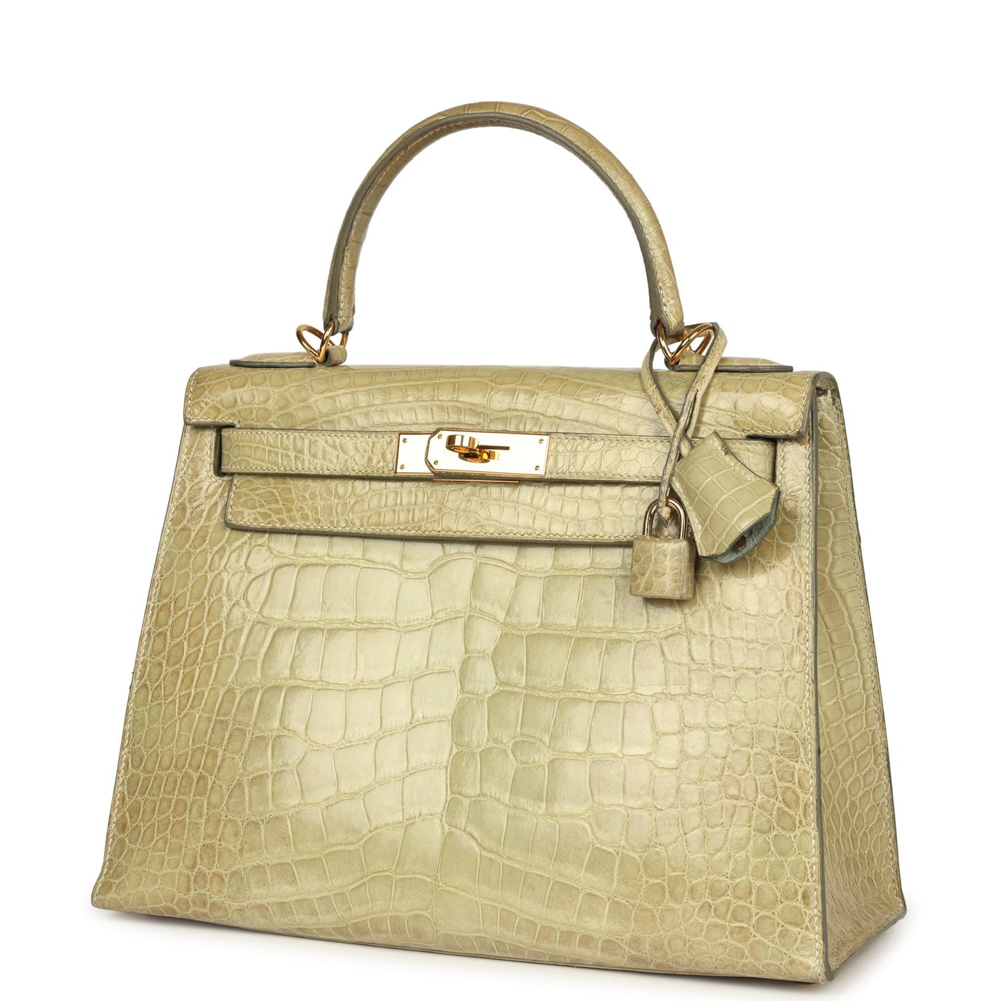 Vintage Hermes Kelly 28 Vert Celadon Natura Shiny Alligator Gold Hardware