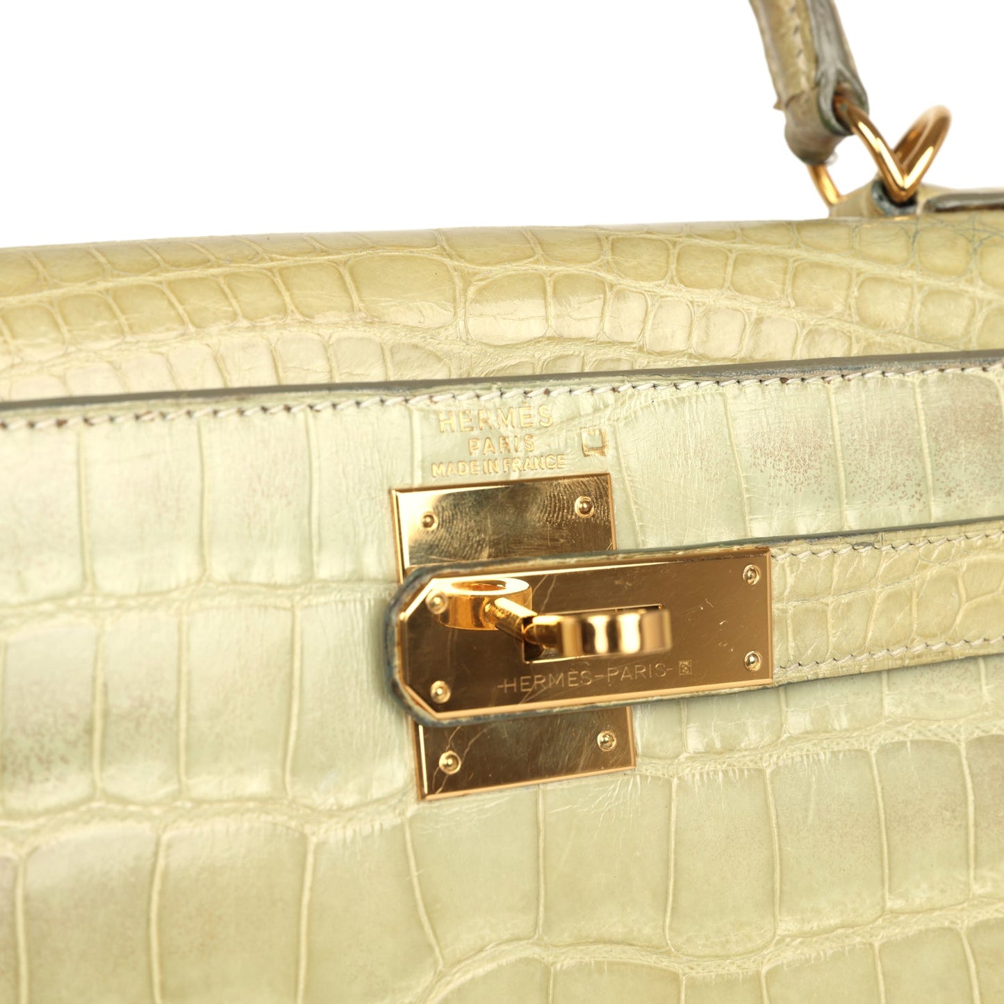 Vintage Hermes Kelly 28 Vert Celadon Natura Shiny Alligator Gold Hardware