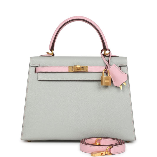 Hermes Special Order (HSS) Kelly Sellier 25 Gris Perle and Rose Sakura Chevre Brushed Gold Hardware