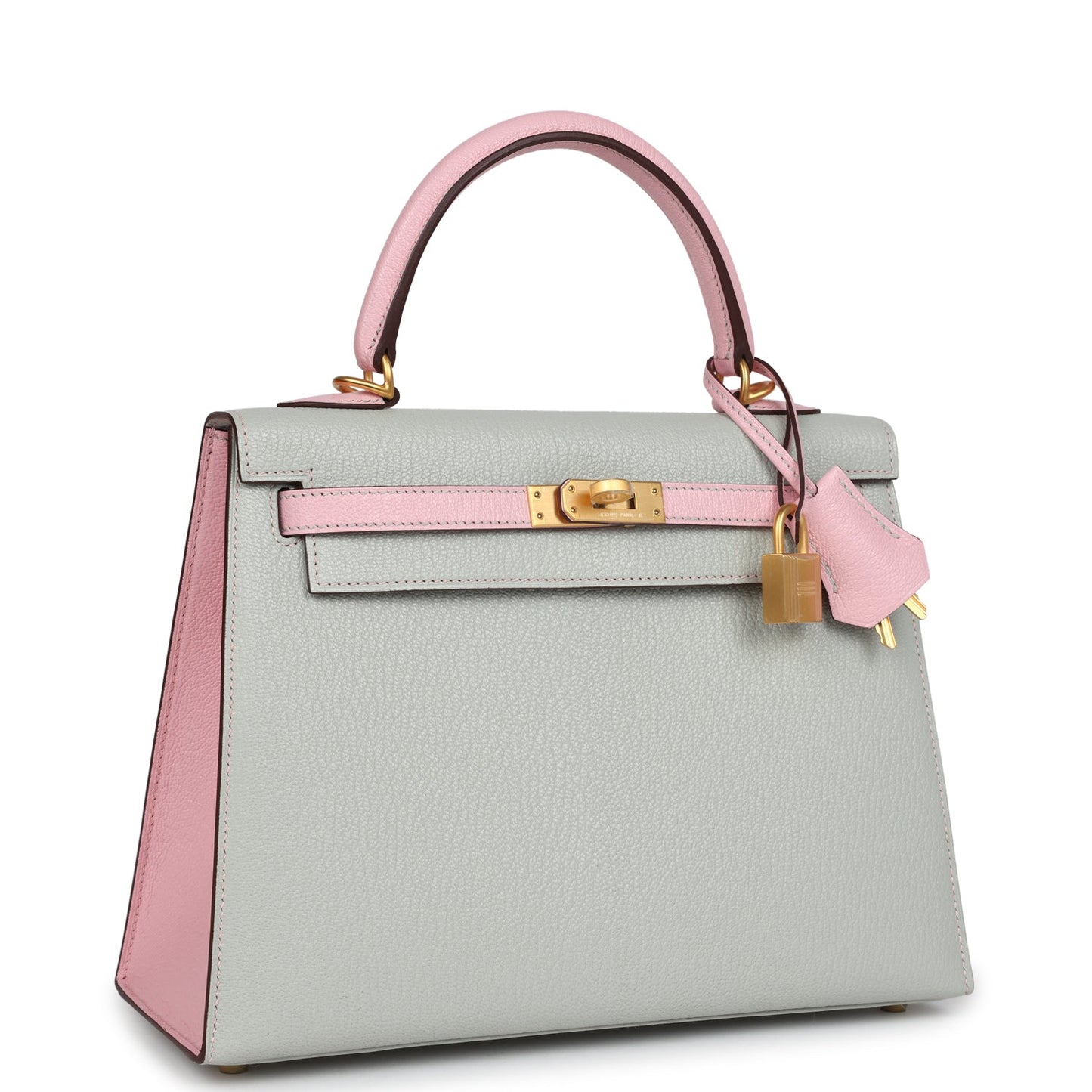 Hermes Special Order (HSS) Kelly Sellier 25 Gris Perle and Rose Sakura Chevre Brushed Gold Hardware