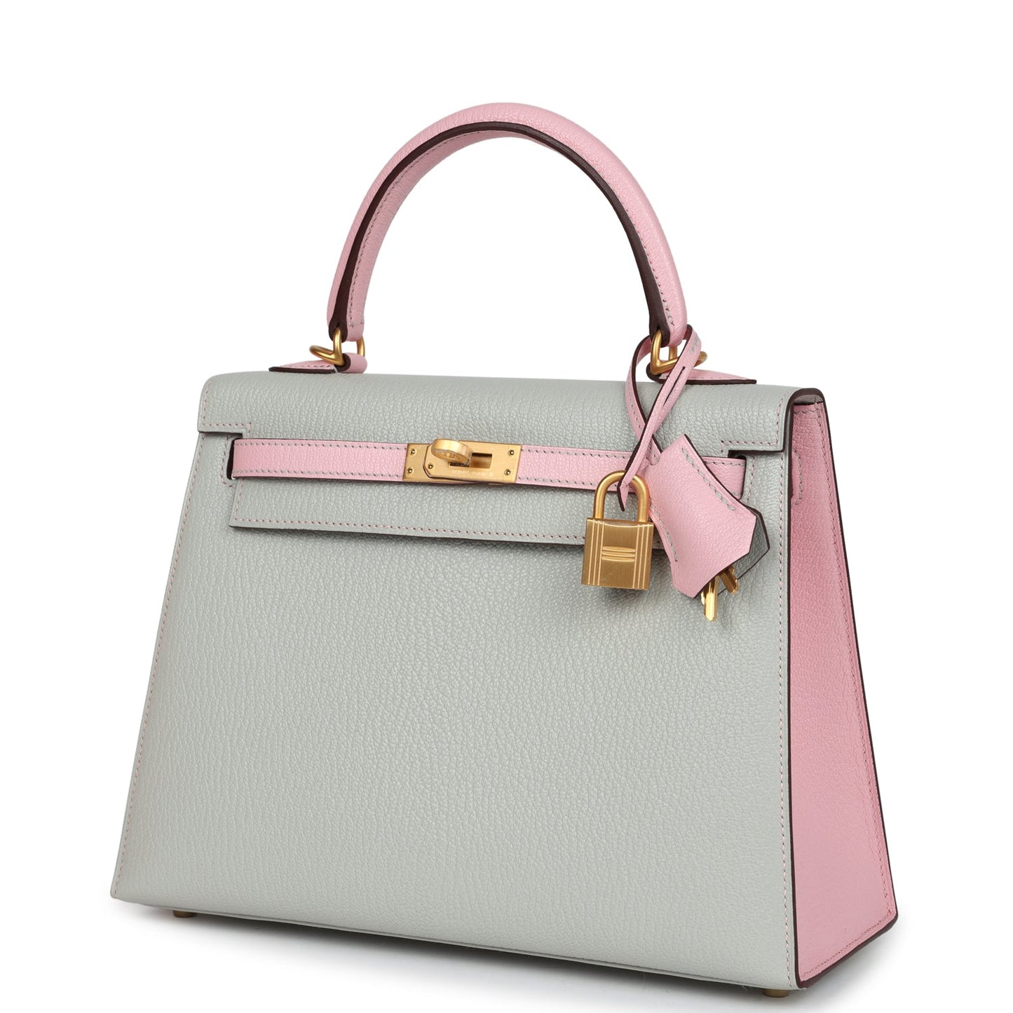 Hermes Special Order (HSS) Kelly Sellier 25 Gris Perle and Rose Sakura Chevre Brushed Gold Hardware