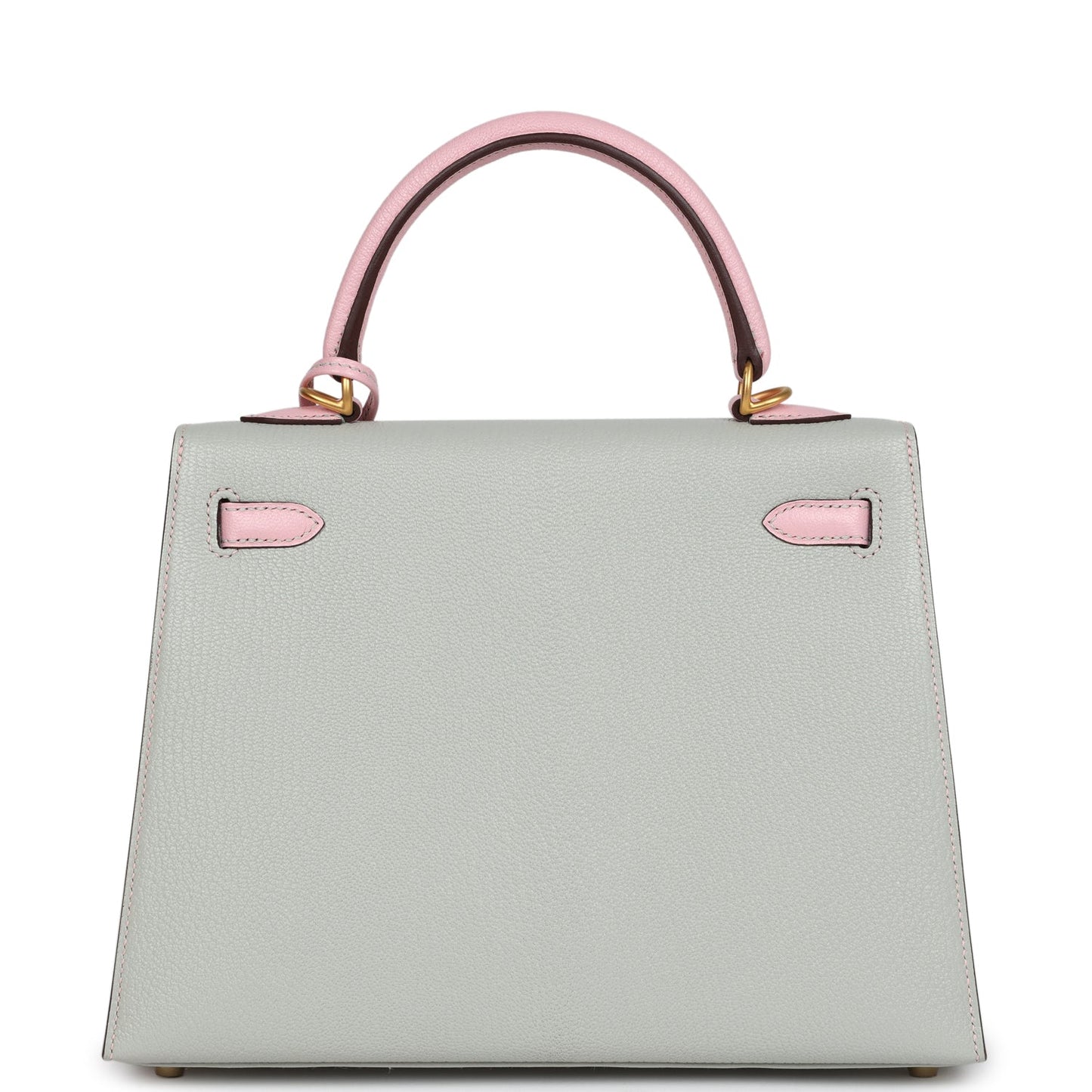 Hermes Special Order (HSS) Kelly Sellier 25 Gris Perle and Rose Sakura Chevre Brushed Gold Hardware