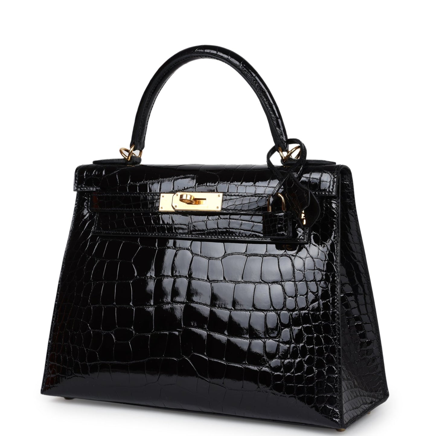 Hermes Kelly Sellier 28 Black Shiny Alligator Gold Hardware