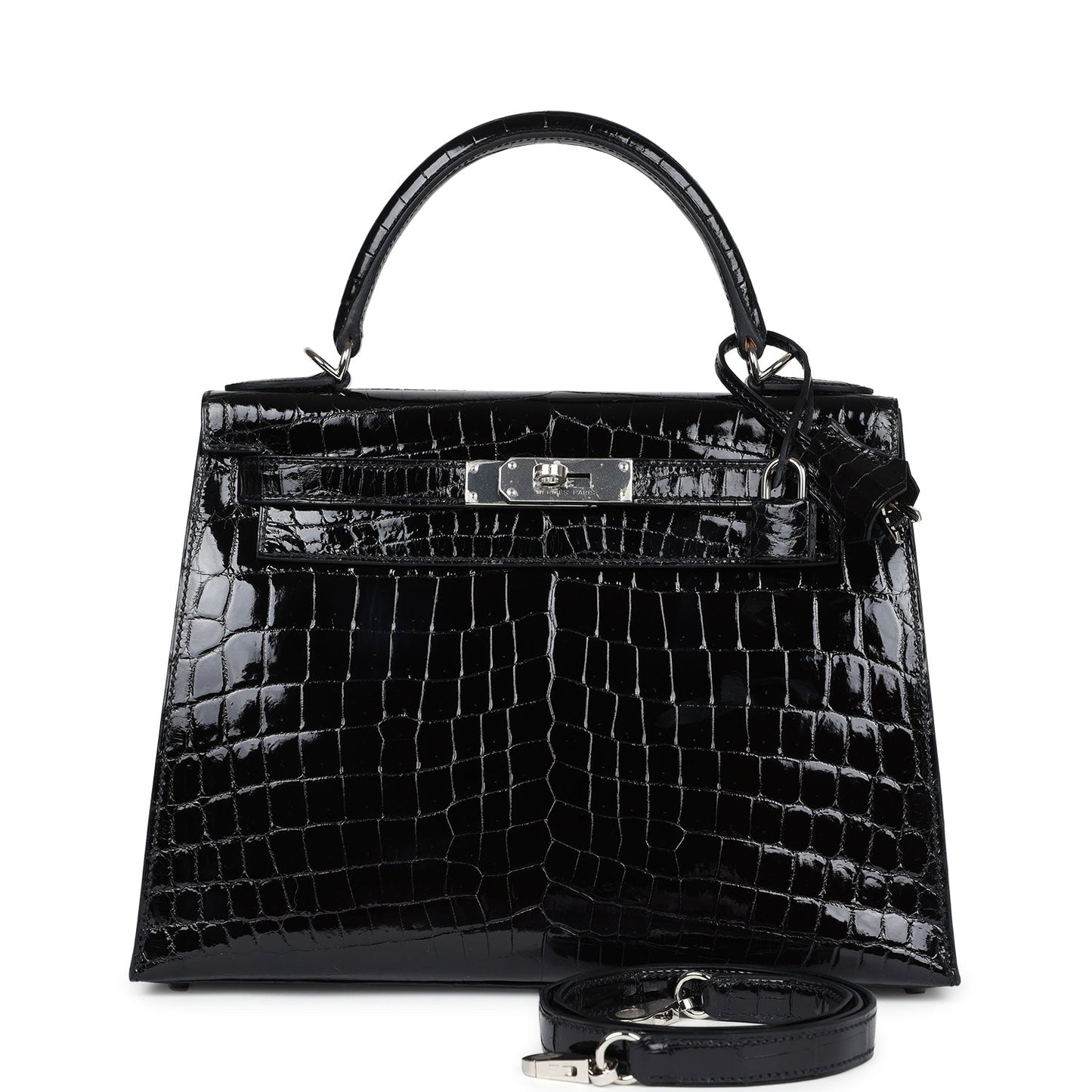 Hermes Kelly Sellier 28 Black Shiny Niloticus Crocodile Palladium Hardware