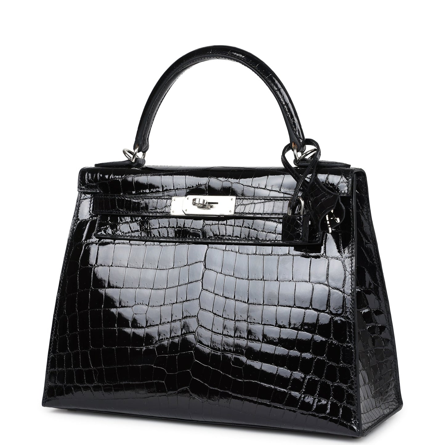 Hermes Kelly Sellier 28 Black Shiny Niloticus Crocodile Palladium Hardware