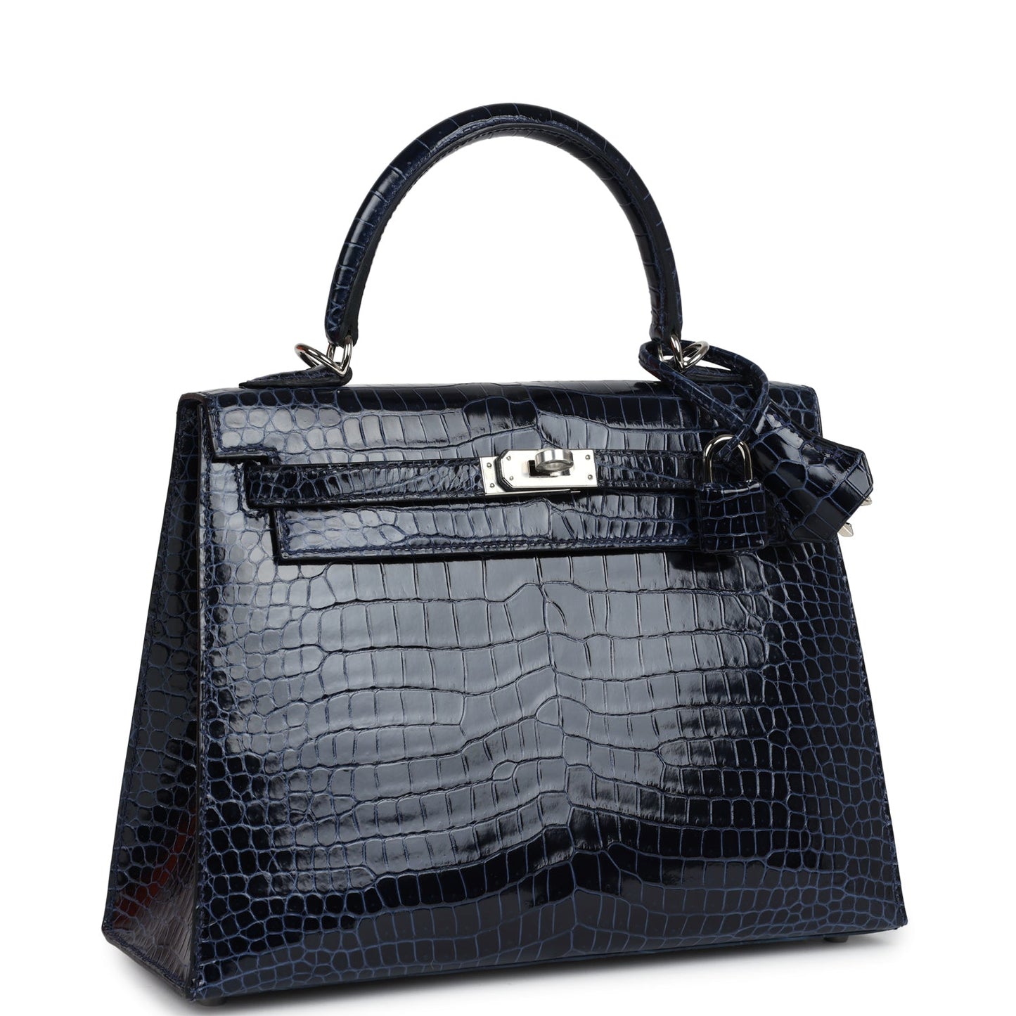 Hermes Kelly Sellier 25 Bleu Marine Shiny Porosus Crocodile Palladium Hardware