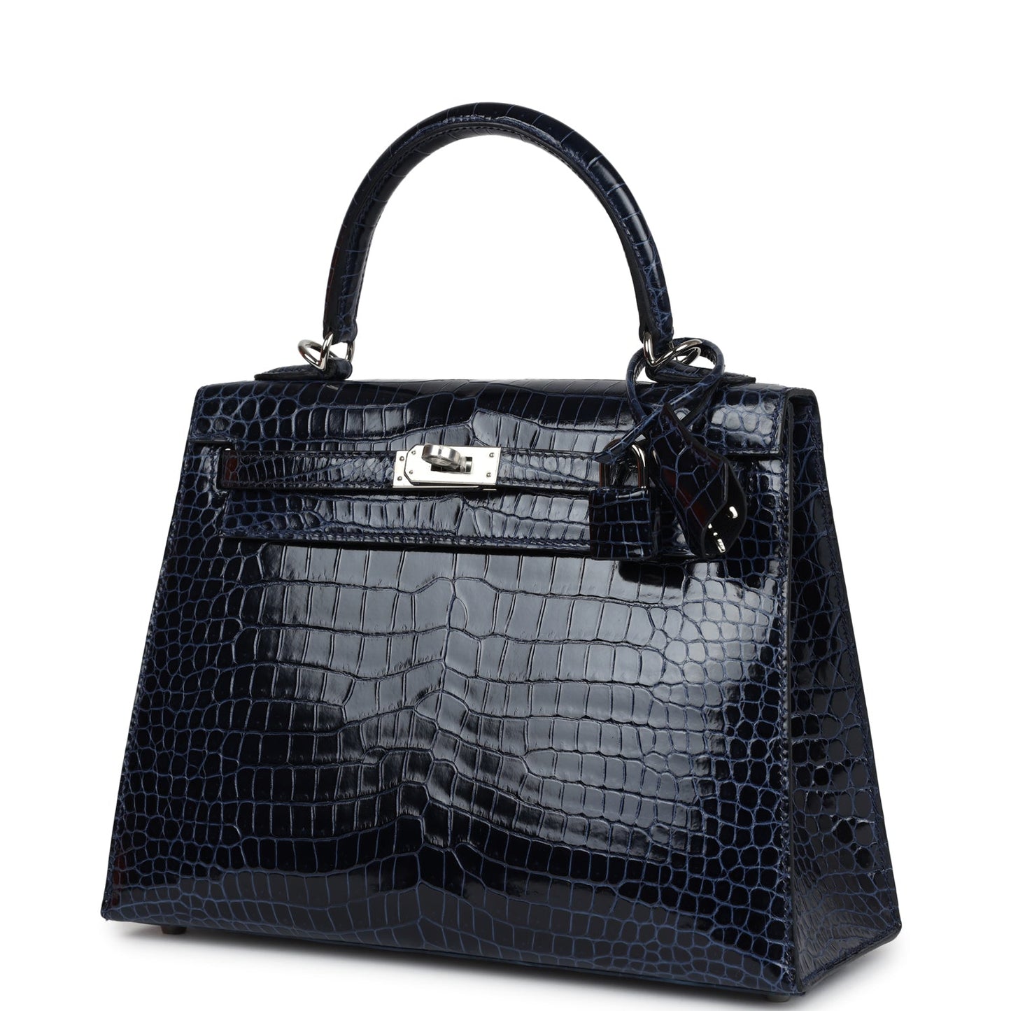 Hermes Kelly Sellier 25 Bleu Marine Shiny Porosus Crocodile Palladium Hardware