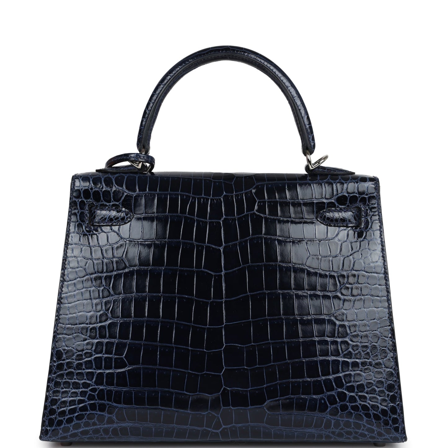 Hermes Kelly Sellier 25 Bleu Marine Shiny Porosus Crocodile Palladium Hardware