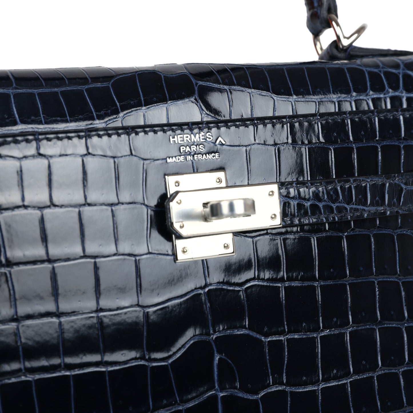 Hermes Kelly Sellier 25 Bleu Marine Shiny Porosus Crocodile Palladium Hardware