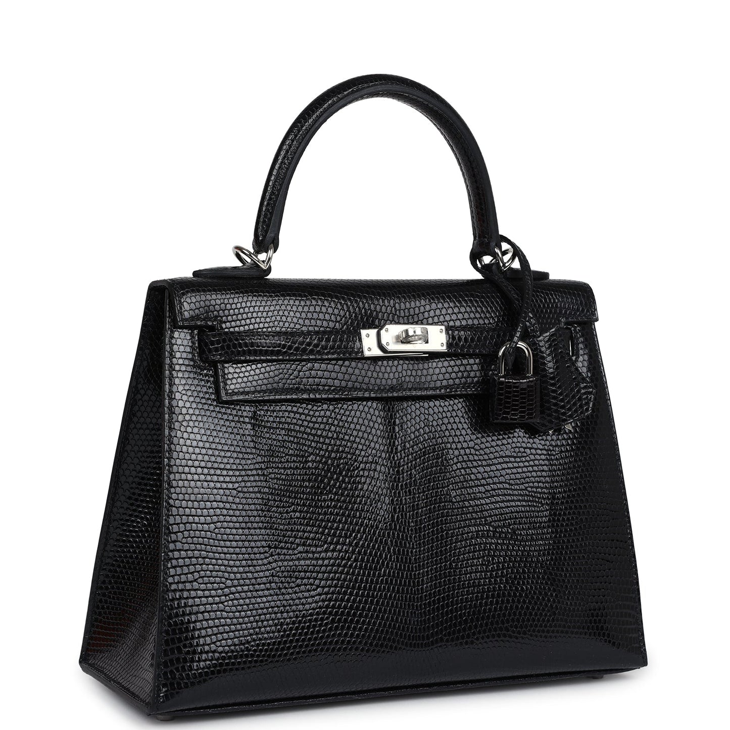 Hermes Kelly Sellier 25 Black Shiny Niloticus Lizard Palladium Hardware