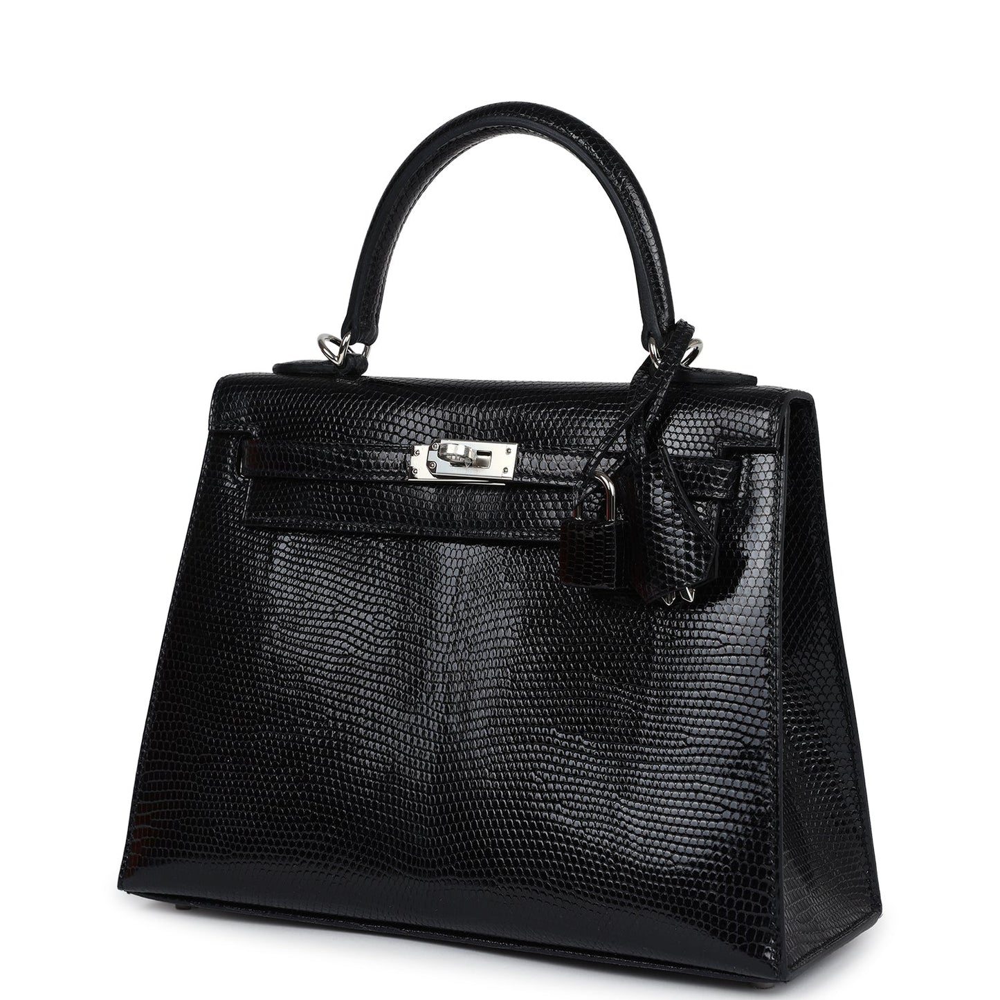 Hermes Kelly Sellier 25 Black Shiny Niloticus Lizard Palladium Hardware