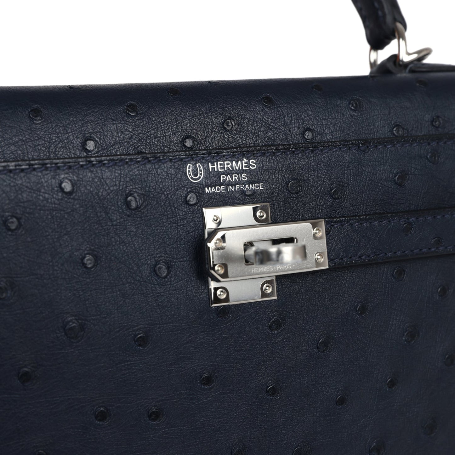 Hermes Special Order (HSS) Kelly Sellier 25 Bleu Indigo Verso Ostrich Palladium Hardware