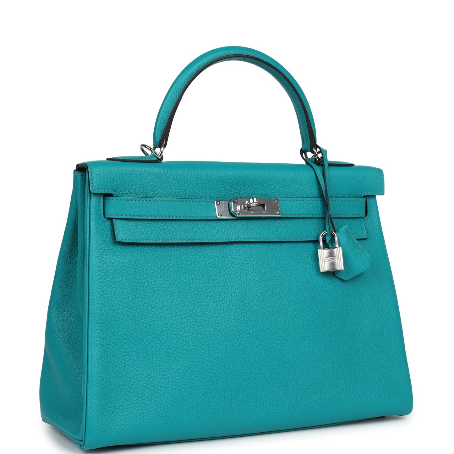 Pre-owned Hermes Kelly Retourne 32 Bleu Paon Clemence Palladium Hardware