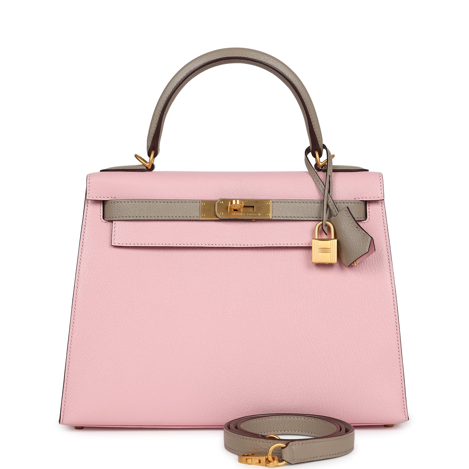 Pre-owned Hermes HSS Kelly Sellier 28 Rose Sakura and Gris Tourterelle Chevre Brushed Gold Hardware - Bob Flawless Skincare 