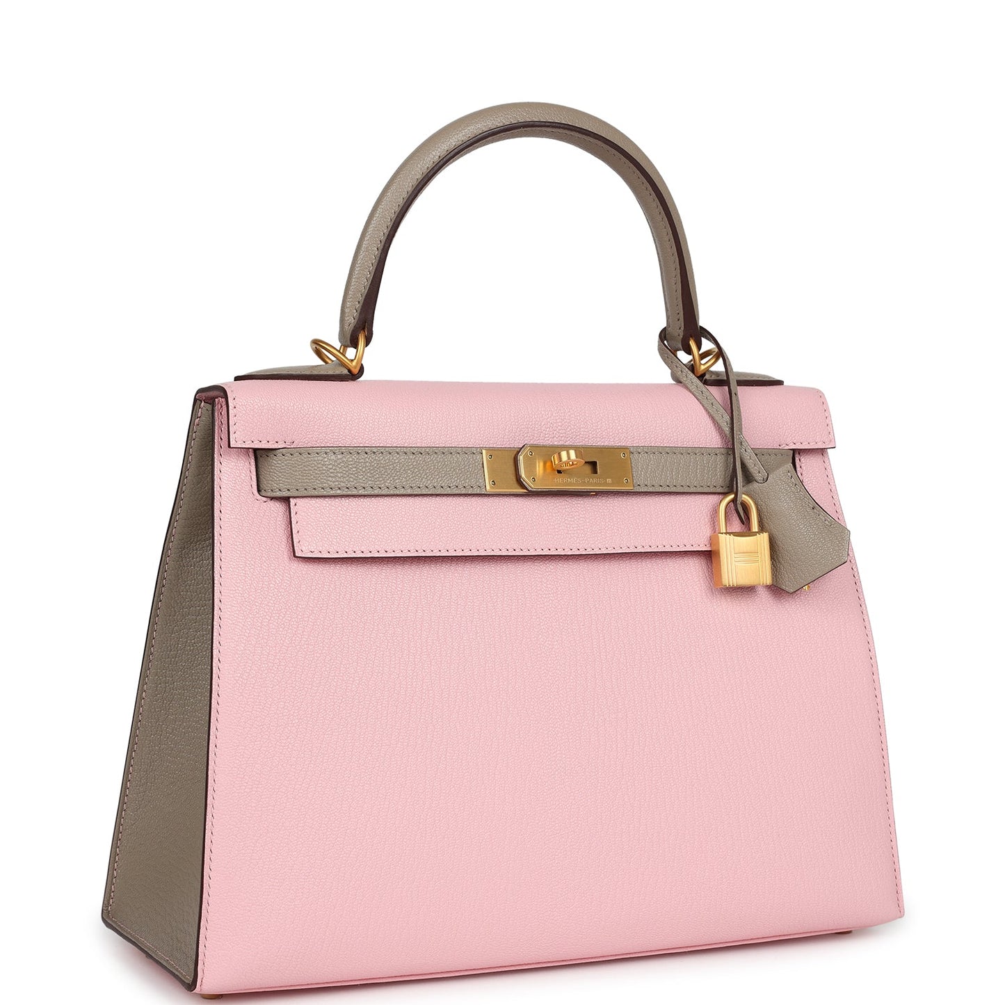 Pre-owned Hermes HSS Kelly Sellier 28 Rose Sakura and Gris Tourterelle Chevre Brushed Gold Hardware - Bob Flawless Skincare 