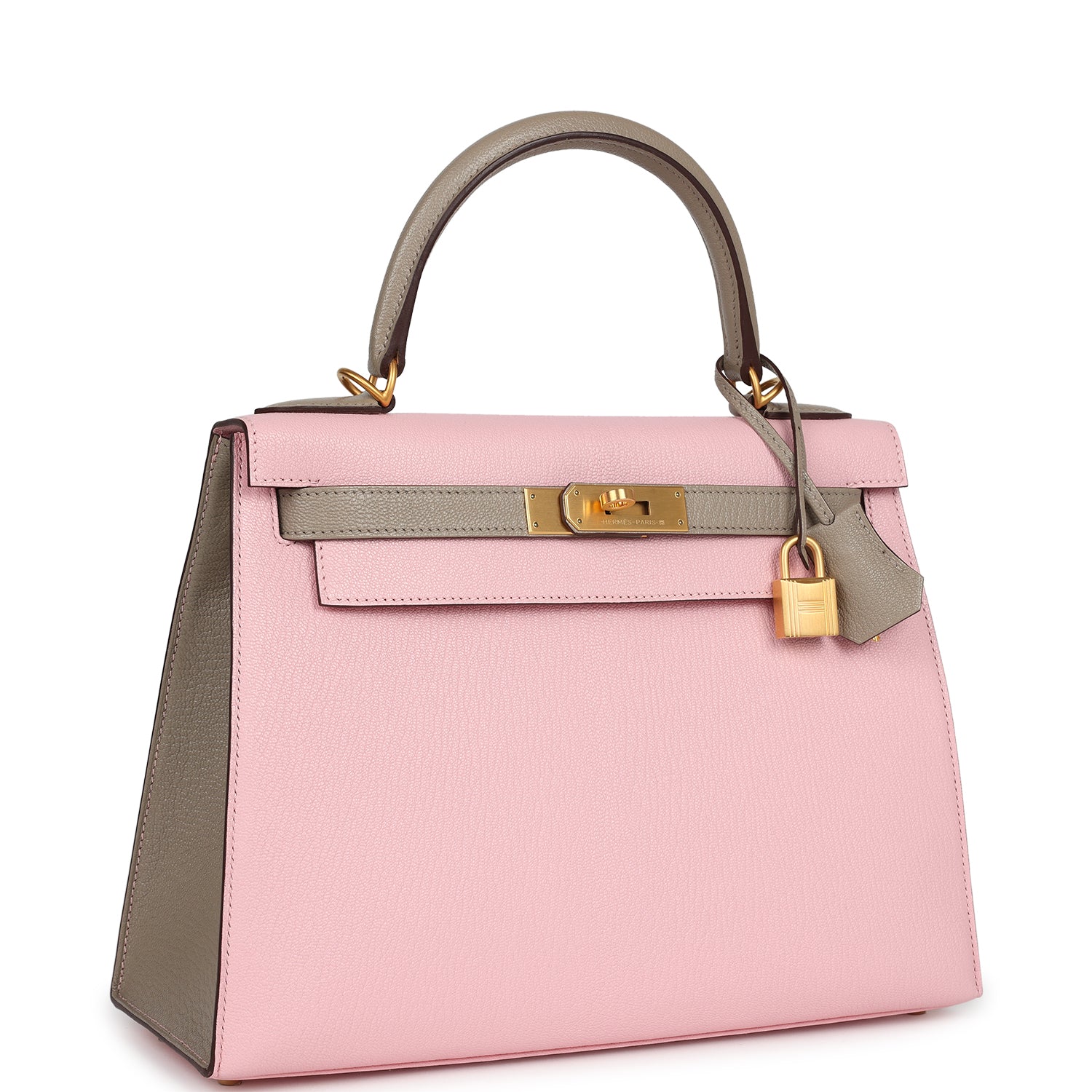 Pre-owned Hermes HSS Kelly Sellier 28 Rose Sakura and Gris Tourterelle Chevre Brushed Gold Hardware - Bob Flawless Skincare 