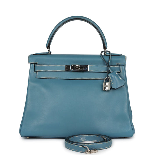 Vintage Hermes Kelly Retourne 28 Blue Jean Gulliver Palladium Hardware - Bob Flawless Skincare 