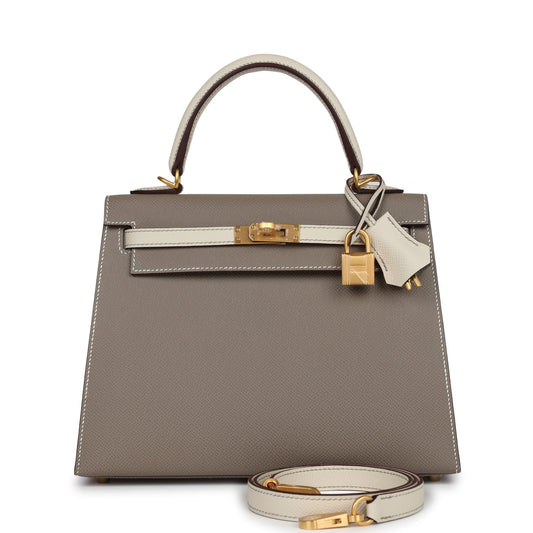 Hermes Special Order (HSS) Kelly Sellier 25 Etoupe and Craie Epsom Brushed Gold Hardware - Bob Flawless Skincare 