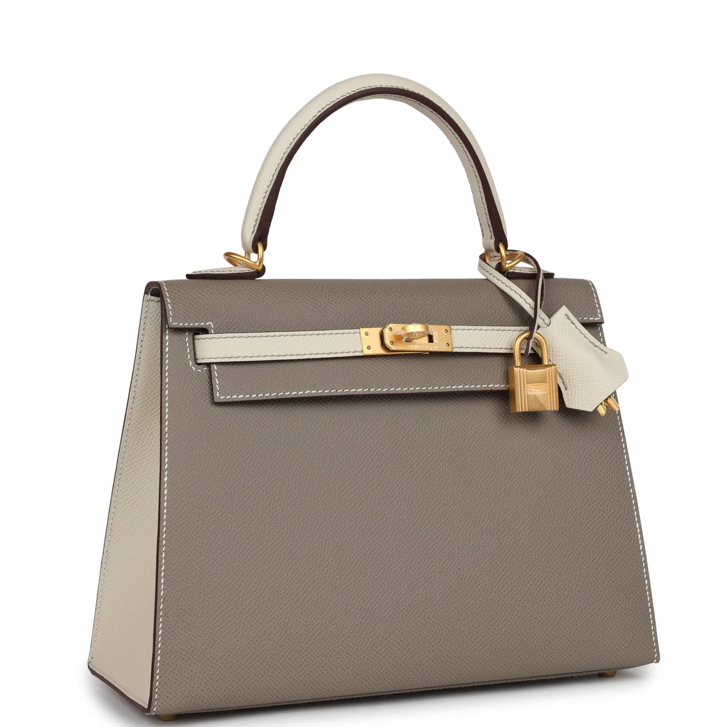 Hermes Special Order (HSS) Kelly Sellier 25 Etoupe and Craie Epsom Brushed Gold Hardware - Bob Flawless Skincare 