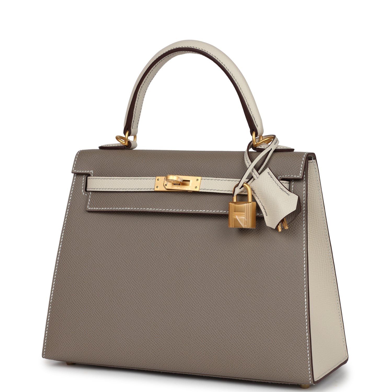 Hermes Special Order (HSS) Kelly Sellier 25 Etoupe and Craie Epsom Brushed Gold Hardware - Bob Flawless Skincare 