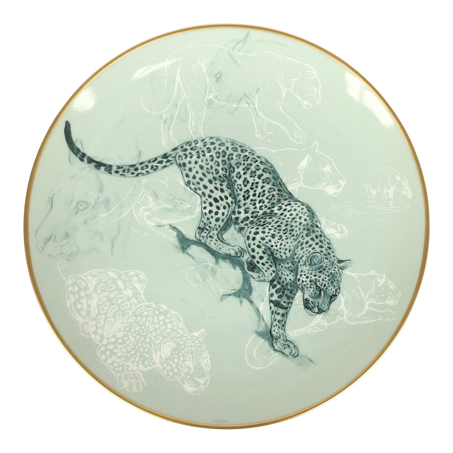 Hermes Carnets D’ Equateur Dessert Plate Green/Blue/White 24K Gold & Porcelain