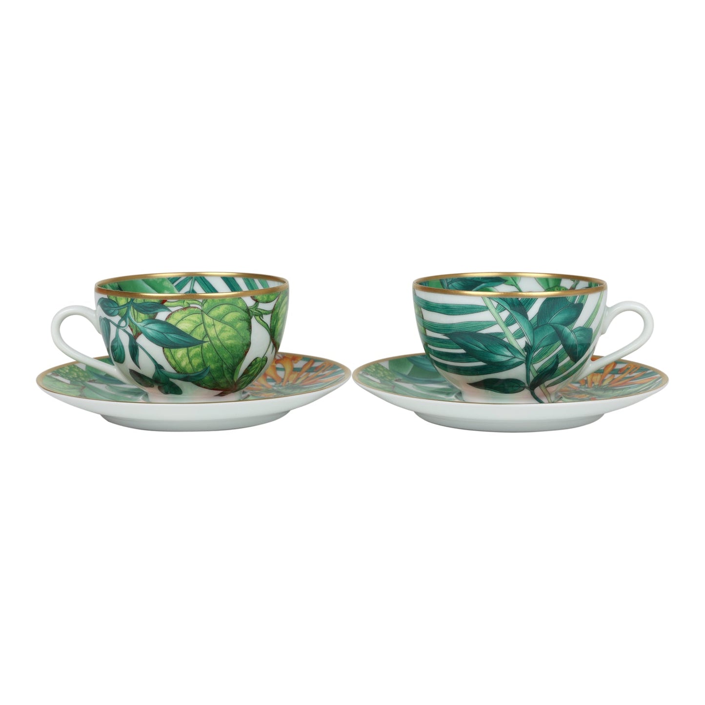 Hermes Passifolia Porcelain Breakfast Cup and Saucer Set Green & White 24K Gold & Porcelain