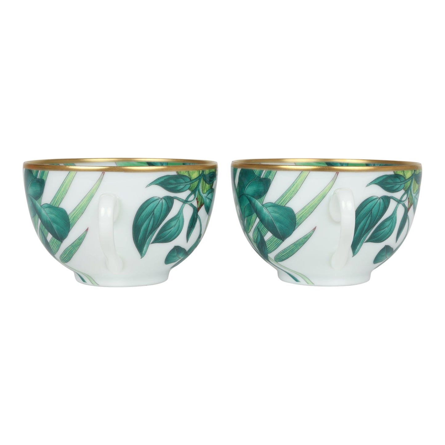 Hermes Passifolia Porcelain Breakfast Cup and Saucer Set Green & White 24K Gold & Porcelain