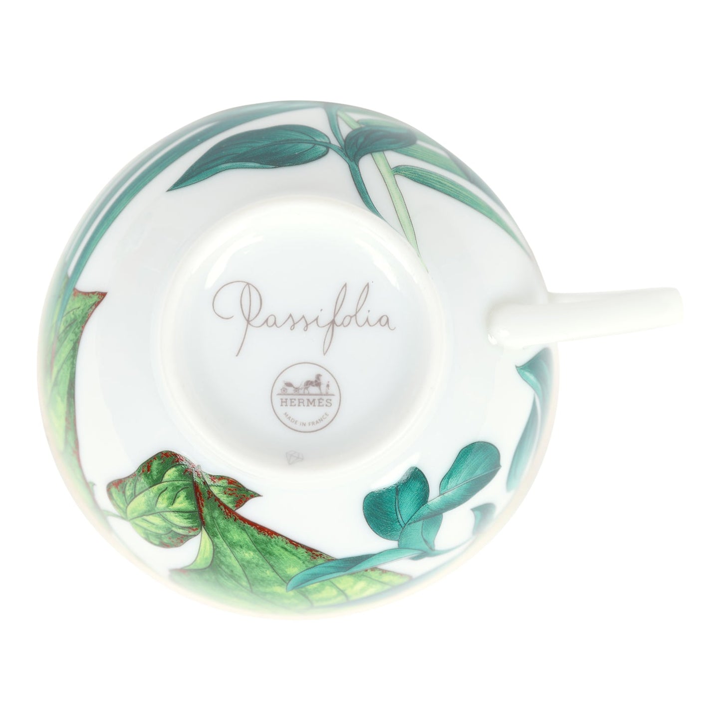 Hermes Passifolia Porcelain Breakfast Cup and Saucer Set Green & White 24K Gold & Porcelain