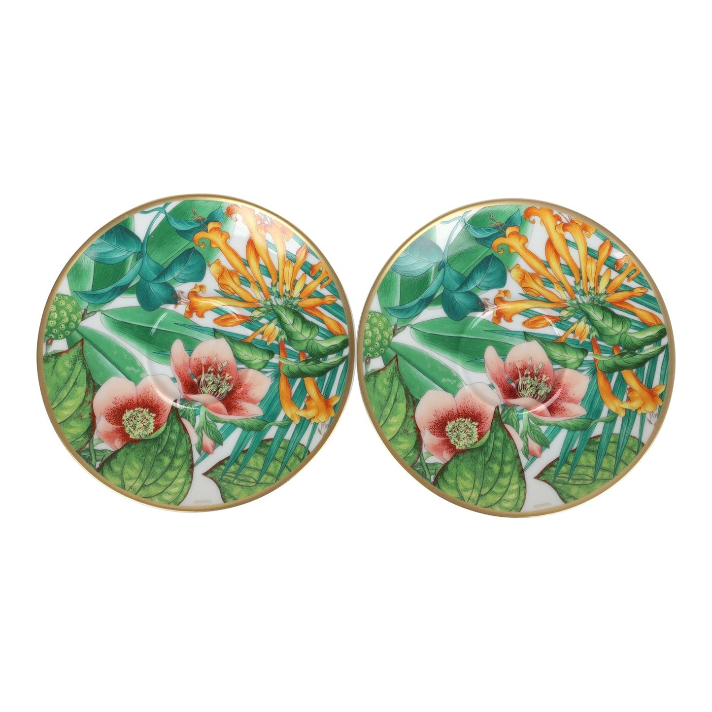 Hermes Passifolia Porcelain Breakfast Cup and Saucer Set Green & White 24K Gold & Porcelain