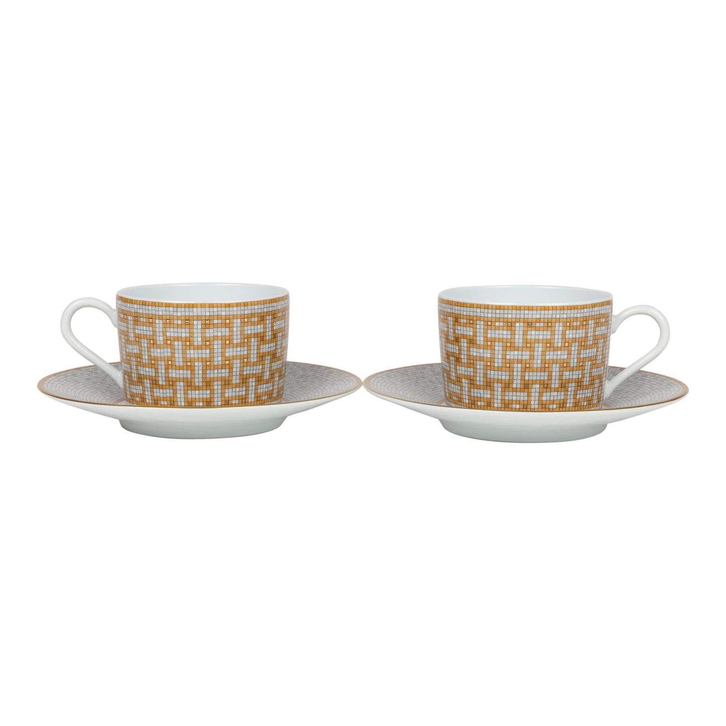 Hermes "Mosaique Au 24" White & Gold Porcelain Tea Cup and Saucer Set