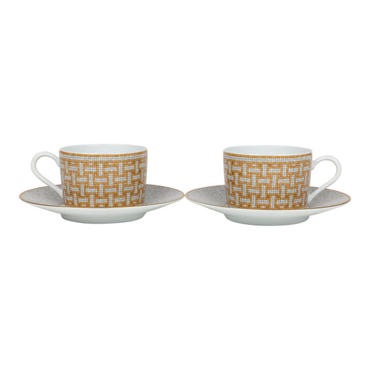 Hermes "Mosaique Au 24" White & Gold Porcelain Tea Cup and Saucer Set