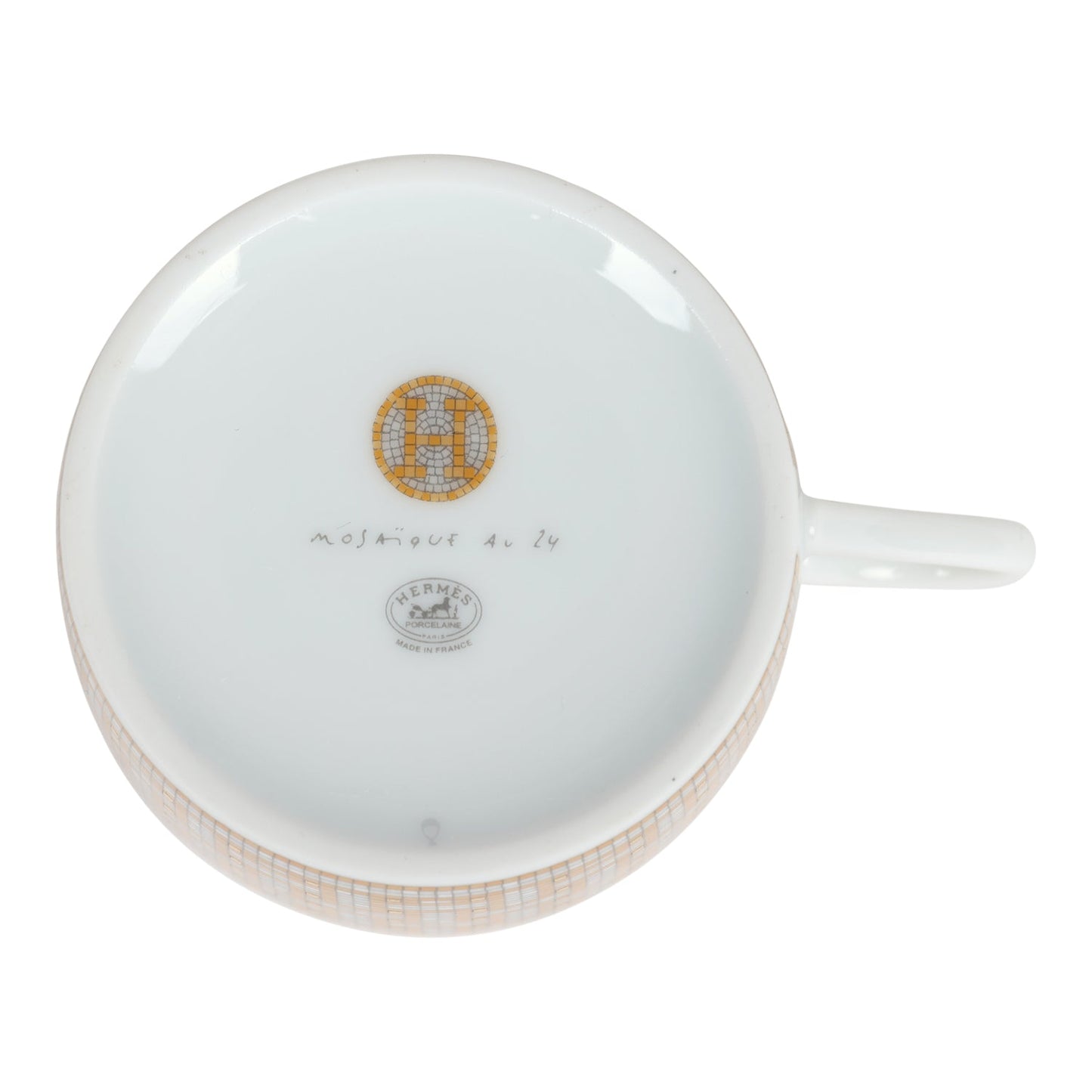 Hermes "Mosaique Au 24" White & Gold Porcelain Tea Cup and Saucer Set