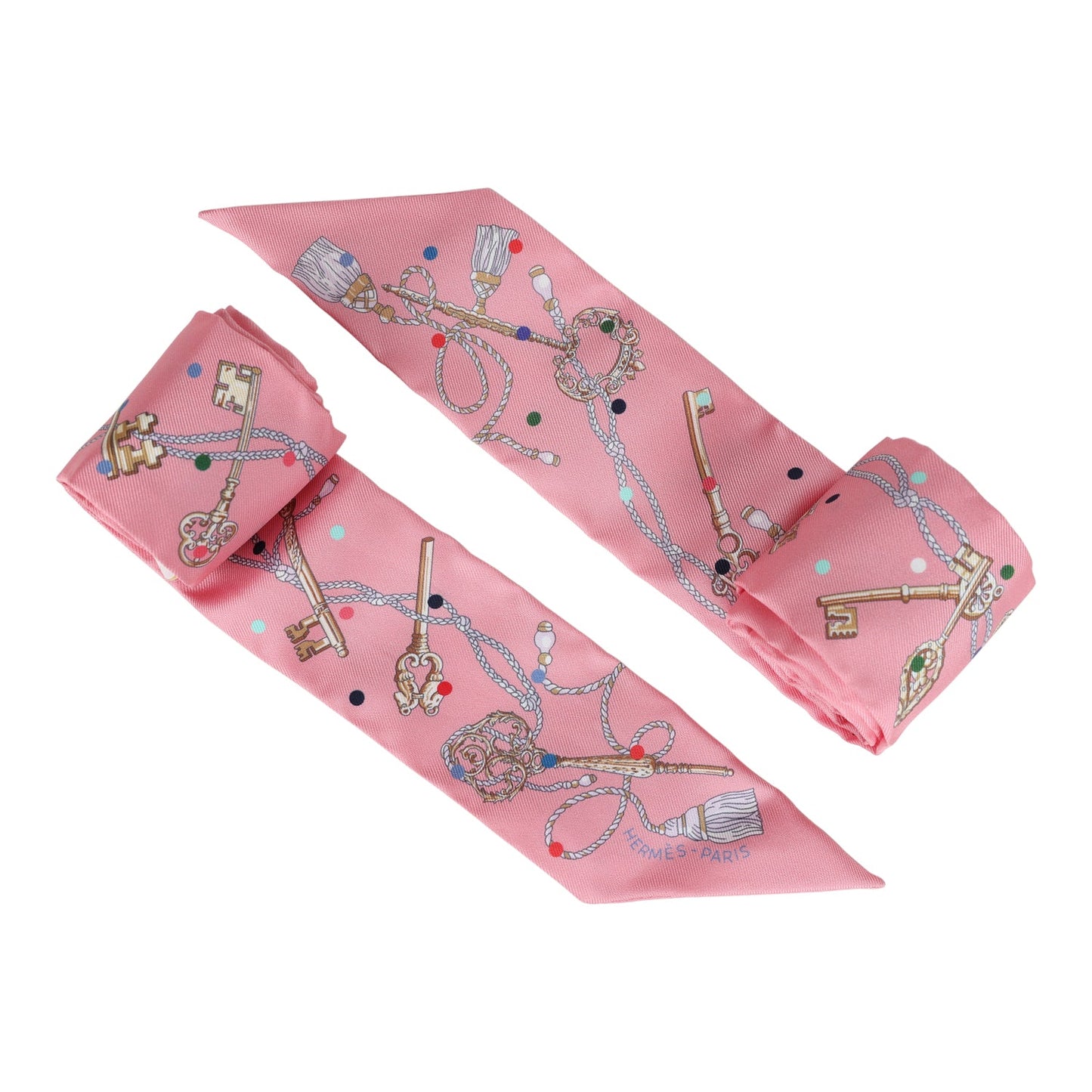 Hermes "Les Cles A Pois" Rose Silk Twilly Pair