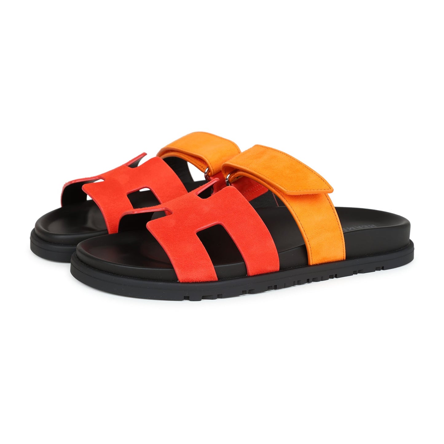 Hermes Chypre Techno Sandals Sunset/Rouge Ecarlate Suede Palladium Hardware 37 EU