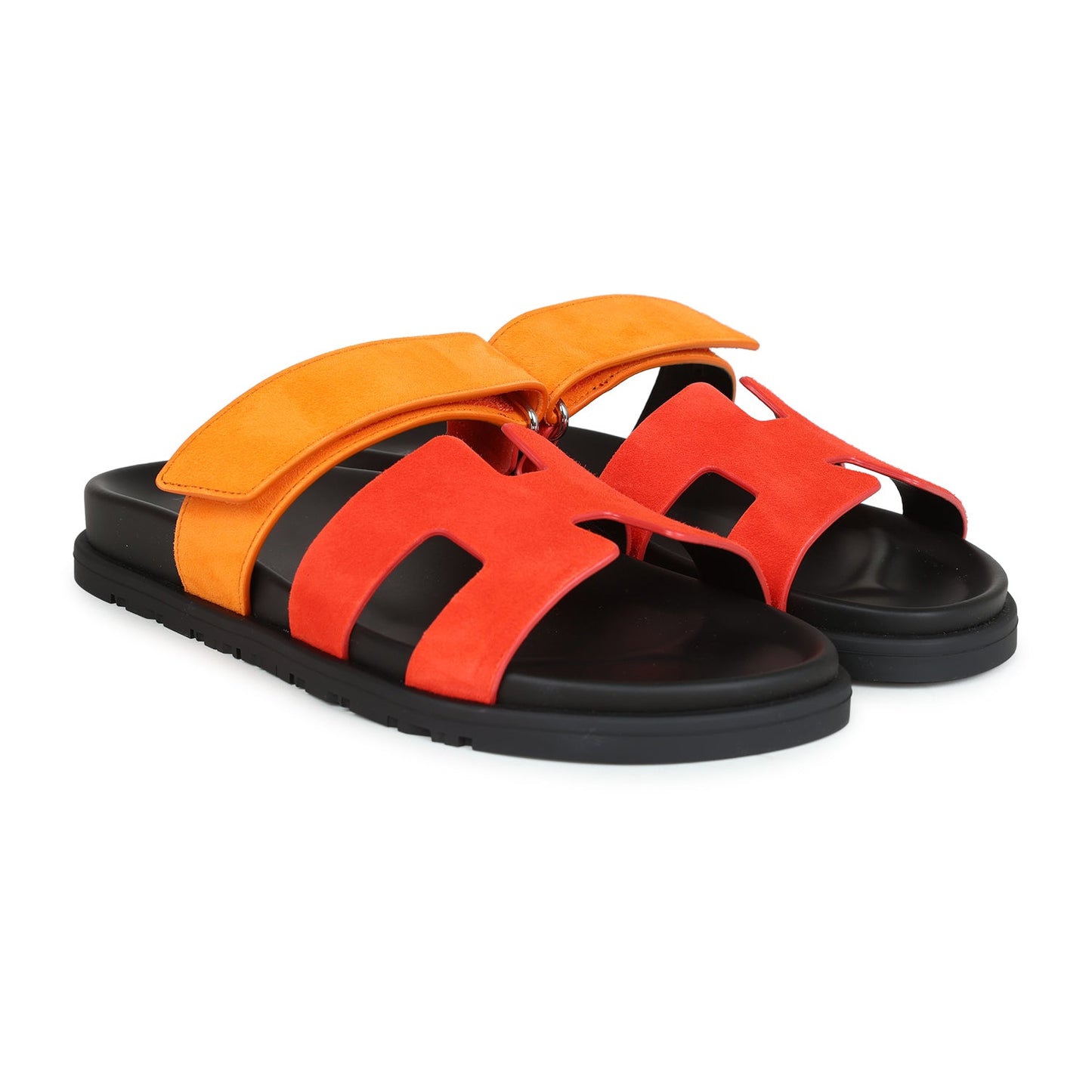 Hermes Chypre Techno Sandals Sunset/Rouge Ecarlate Suede Palladium Hardware 37 EU